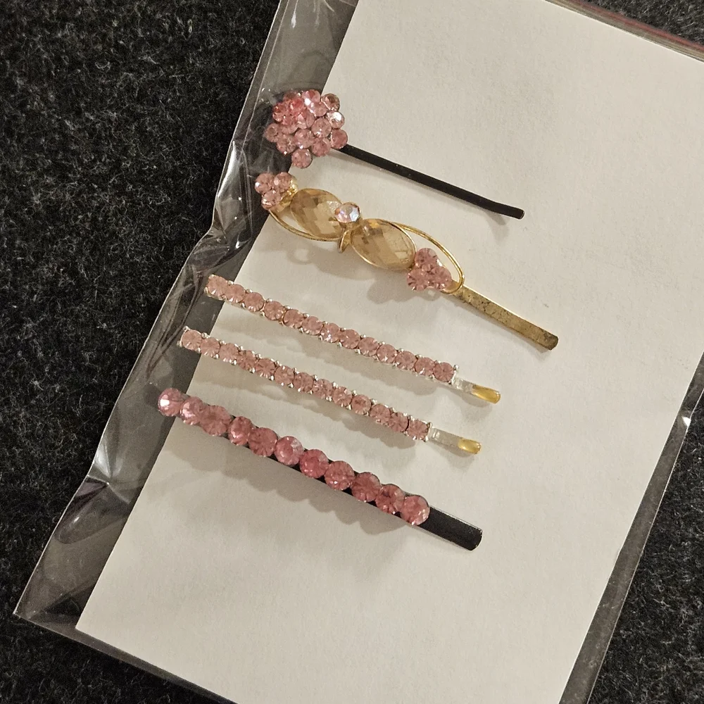Set Of 5 pink rhinestone hair pins Special Occasion Updo Bun Braid Prom Party